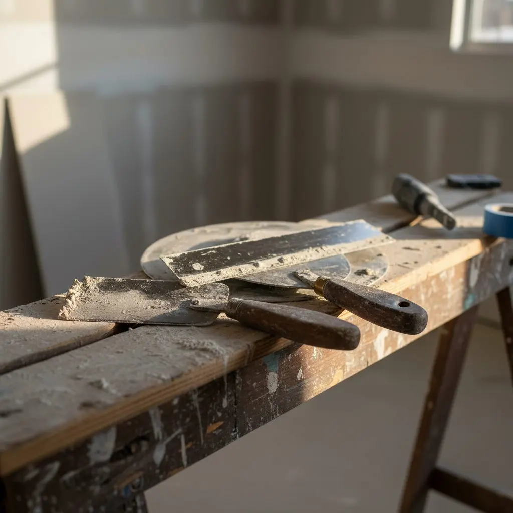 Close on a pair of worn taping knives and a hawk resting on a trestle, compound dried along the edges and the handles worn smooth with use