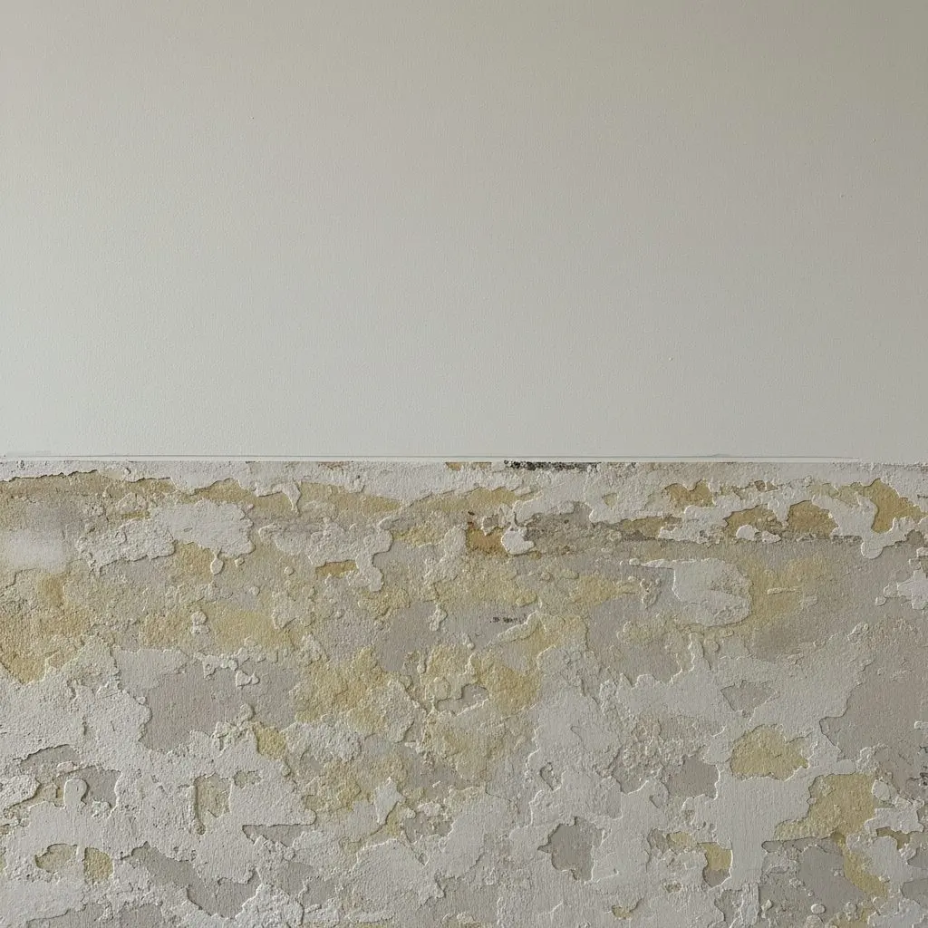 A close view of a skim coat drawn over old plaster, the new smooth surface meeting the coarser original along a clean straight line. Fills the whole frame.