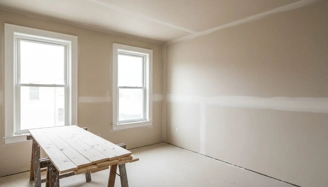 A finished front room in a brick rowhouse, walls and ceiling flat and freshly taped, tall sash windows on the left throwing daylight right across the space