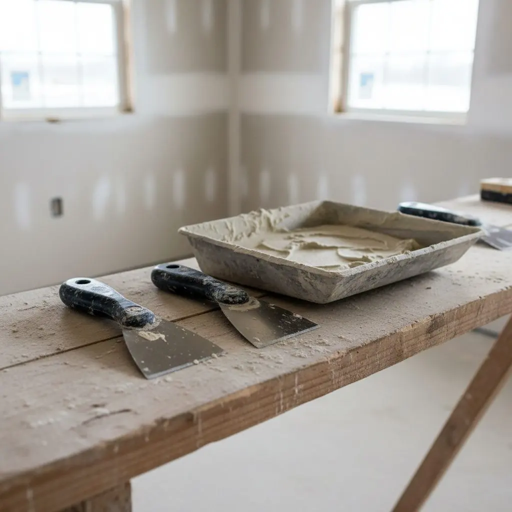 Close on a row of taping knives and a mud pan resting on a plank, blades worn bright at the edges and compound drying on the pan