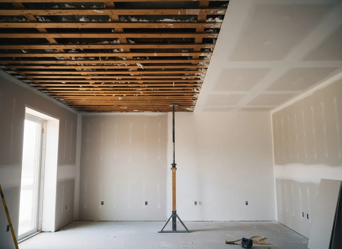 A ceiling with half its plaster taken down, wood lath exposed across the near half and the intact painted plaster still in place beyond it