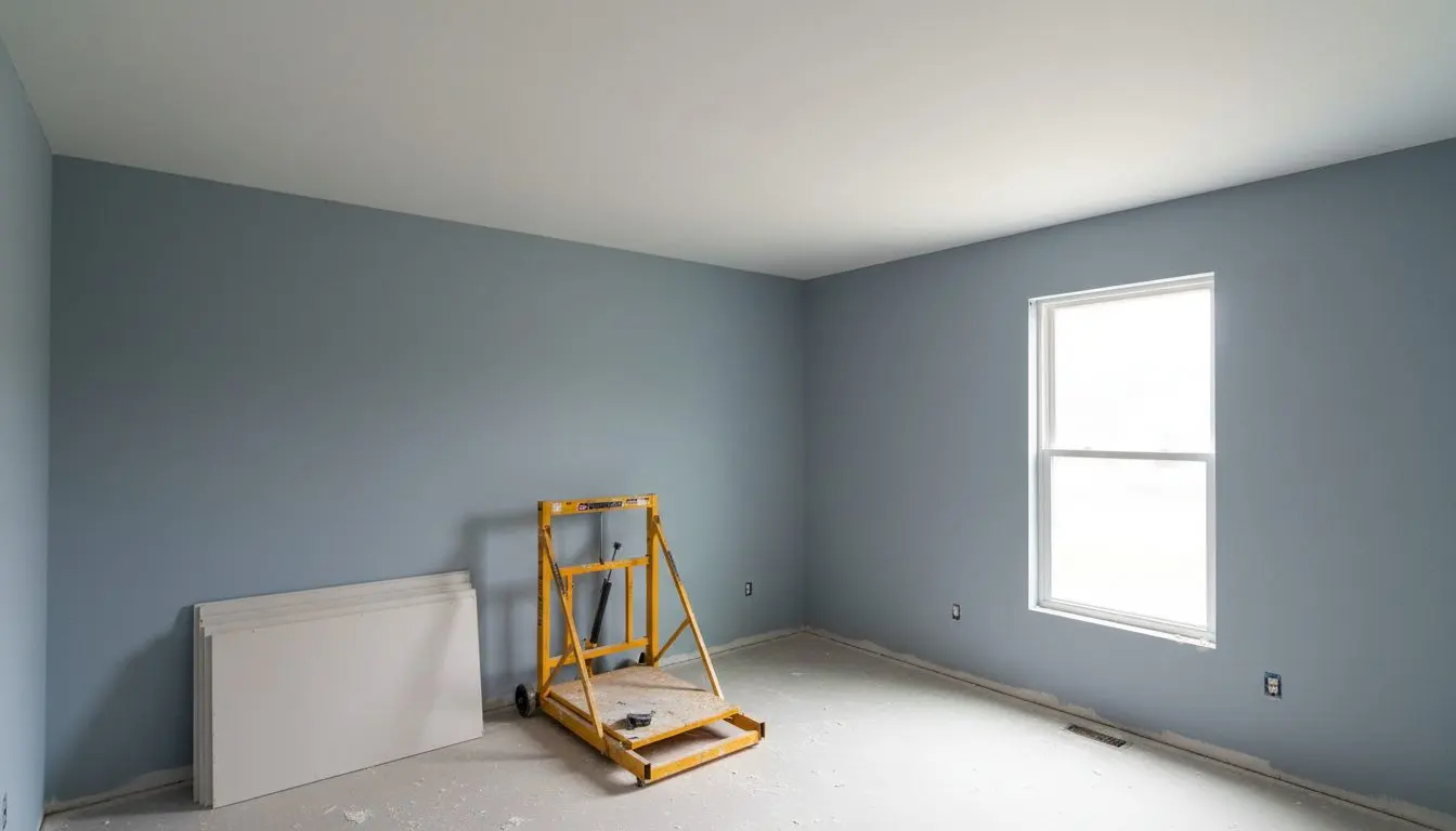A bedroom with a newly finished ceiling, flat and freshly primed, the walls in color below it and a tall window on the right filling the room with daylight