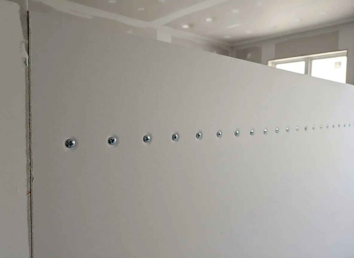 Close on a run of screws across a fresh sheet, each head dimpled just under the paper, the spacing even and the stud line running away out of frame