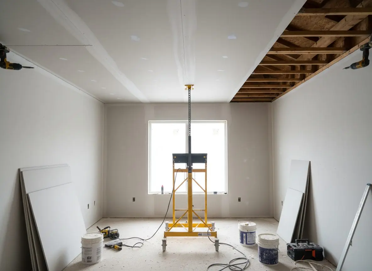 A ceiling being hung, a five-eighths sheet held up on a panel lift while it is screwed off, joists visible at the open end of the run