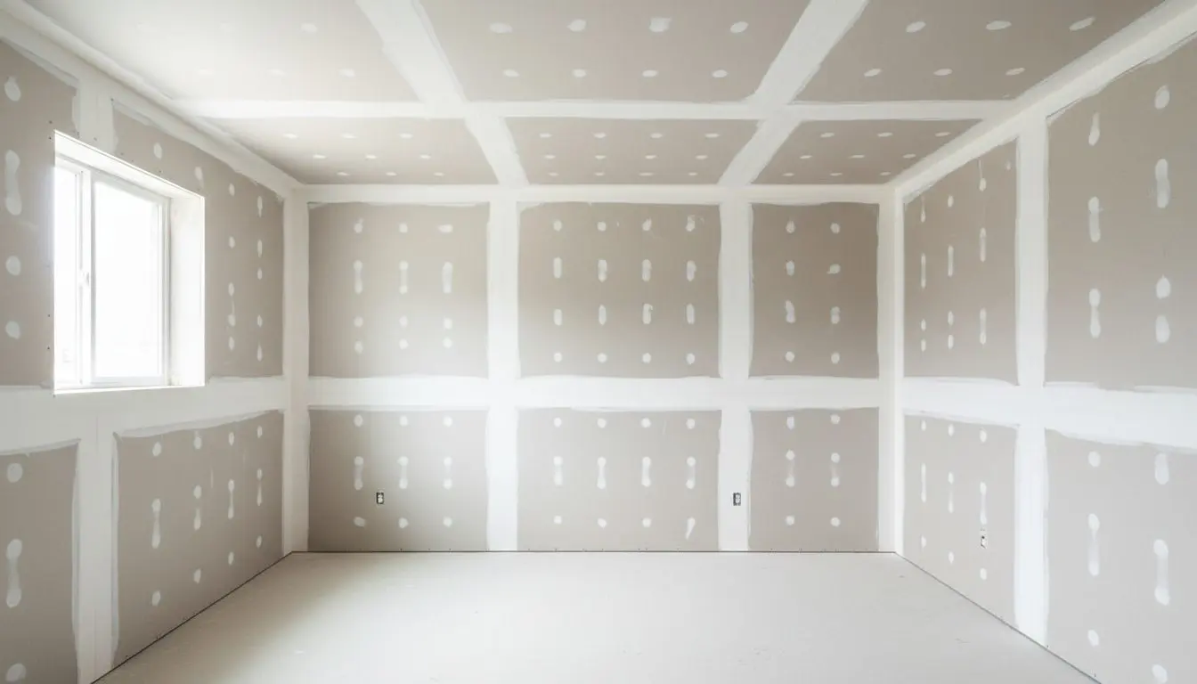 A basement room newly hung, sheets up on every wall and the ceiling, joints still bare and the screw lines visible in rows