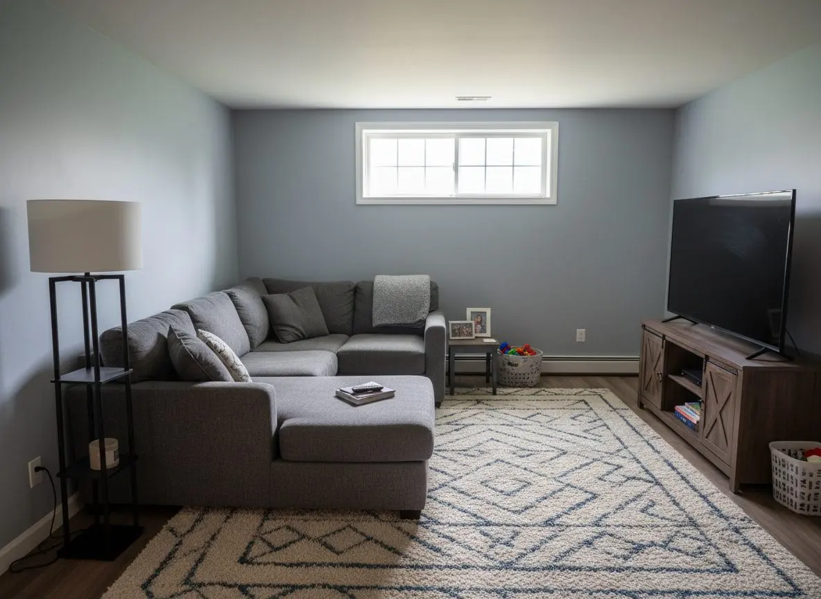 A finished, furnished basement family room in daily use