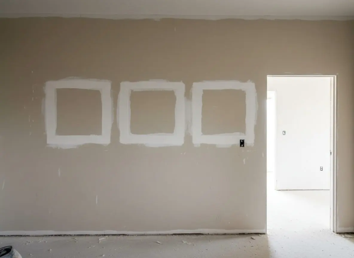 A hallway wall with three separate repairs on it, each cut square and primed, the surrounding paintwork untouched