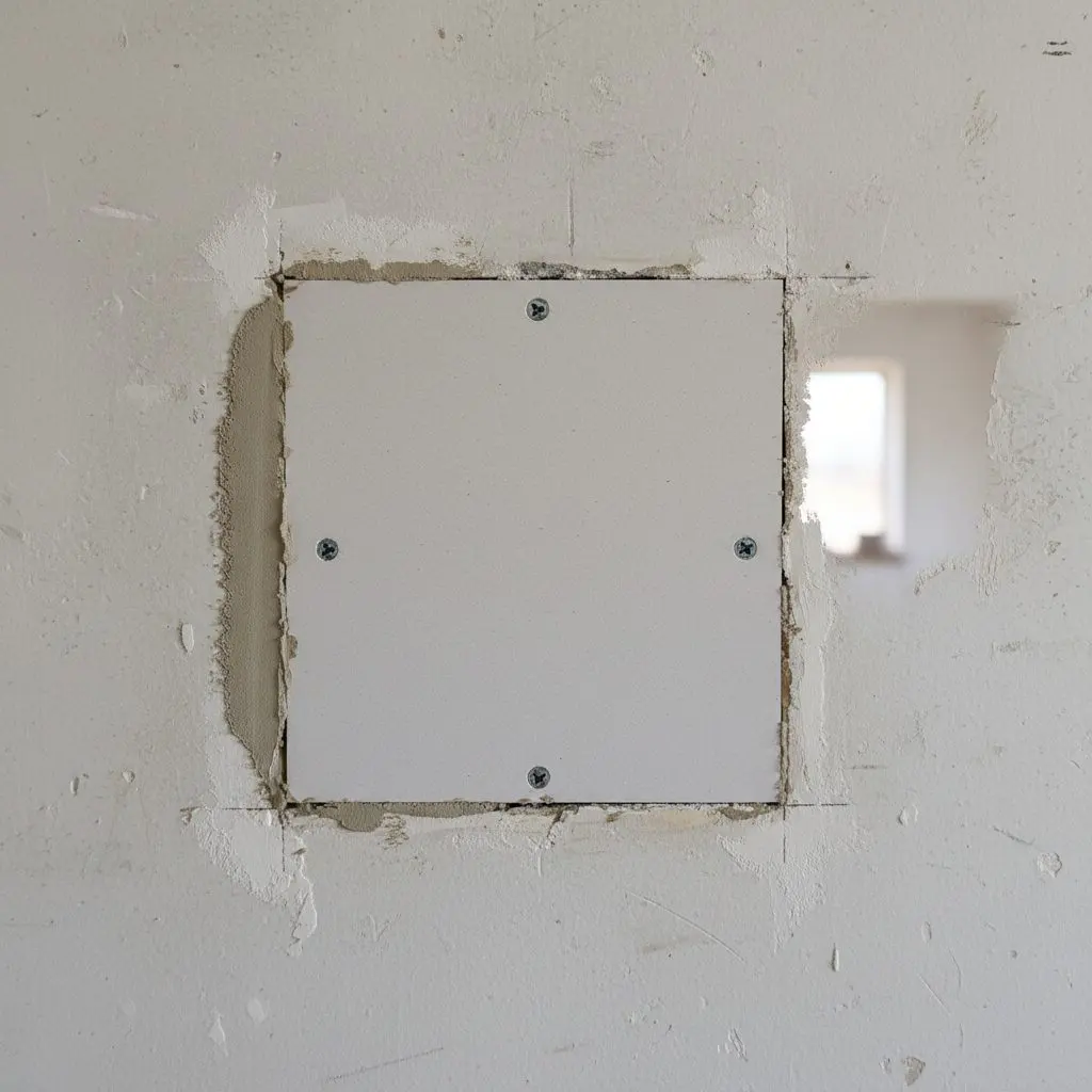 Close on a square patch of new board set into an older wall, screwed off and with the first band of compound worked over one edge