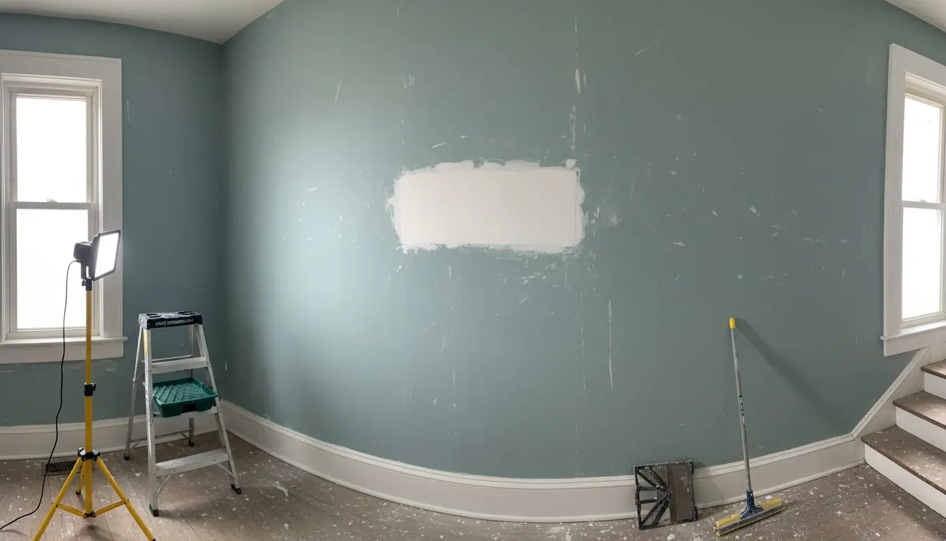 A repaired stair wall in an older house, the patch primed white and the rest of the wall in color