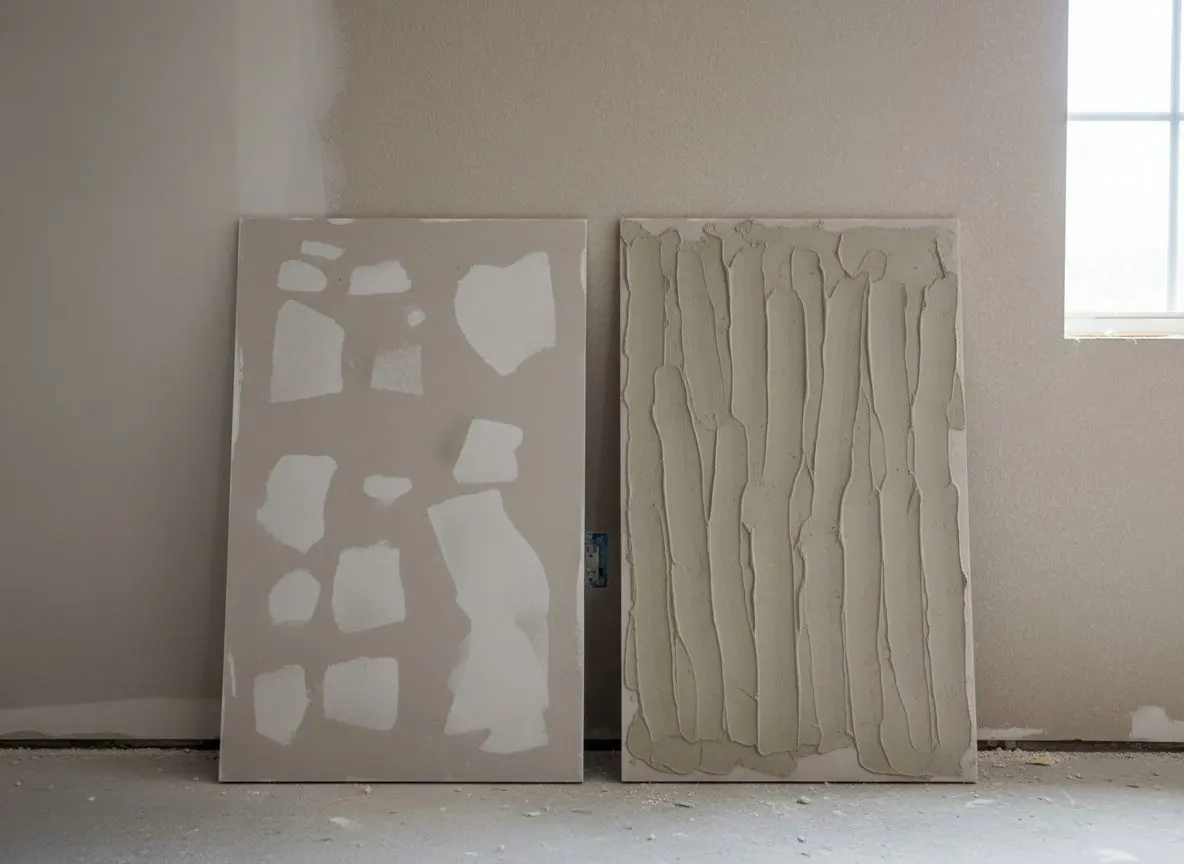 Close on two small sample boards leaning against a textured wall, each carrying a slightly different knockdown pattern