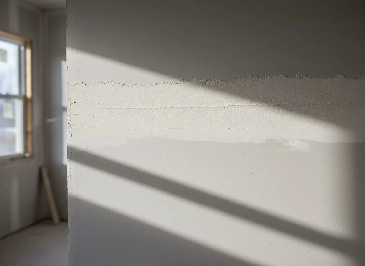 Close on a joint carrying three visible coats of compound at different widths, the outer edge feathered to nothing against the board face