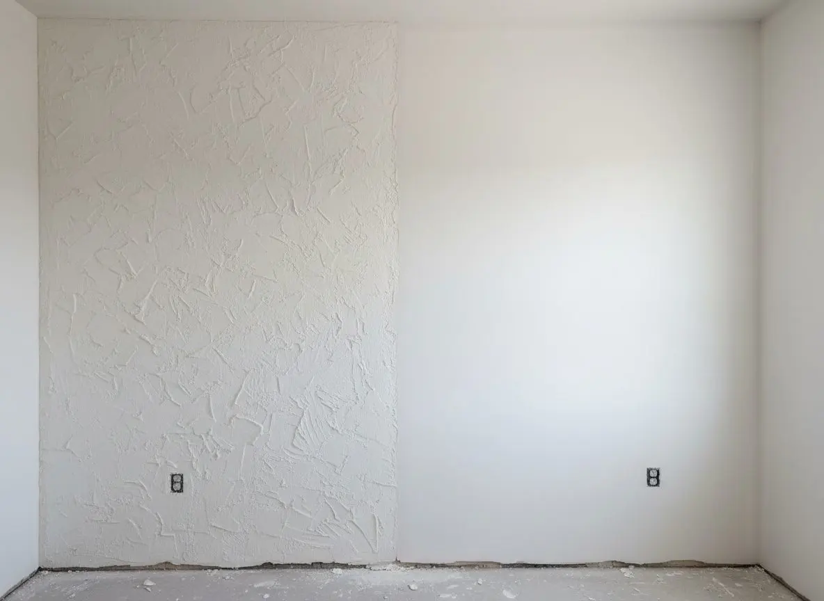 A wall half smoothed, heavy knockdown texture still on the left and a flat skimmed surface on the right with the boundary running vertically down the middle
