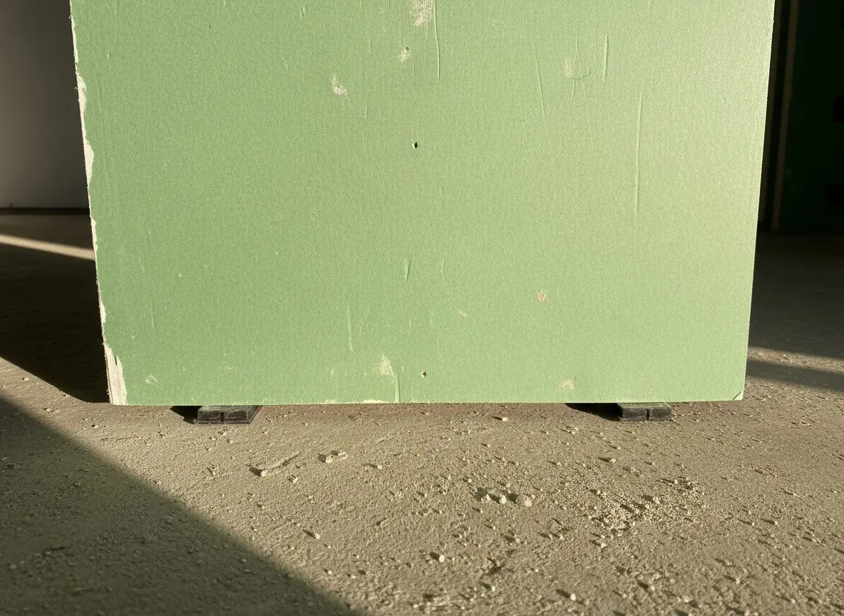 Close on the bottom edge of a new sheet of mold-resistant board, its green paper face clear, standing on packers so it sits clear of a concrete floor