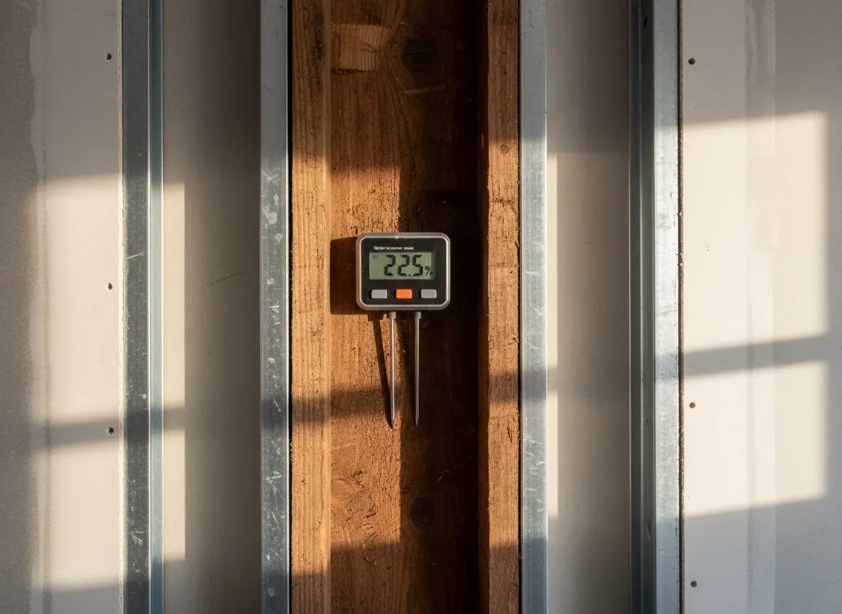 Close on a pin moisture meter held against a stud in an open cavity, the probe pins in the timber and the reading visible