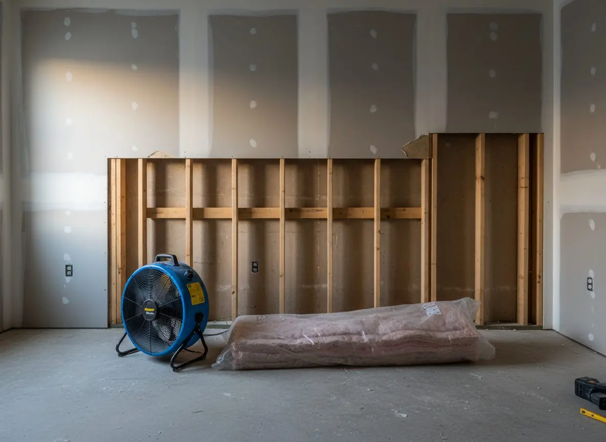 A wall opened at the base with the wet board cut away and the studs and cavity exposed, a drying fan on the floor pointed along it
