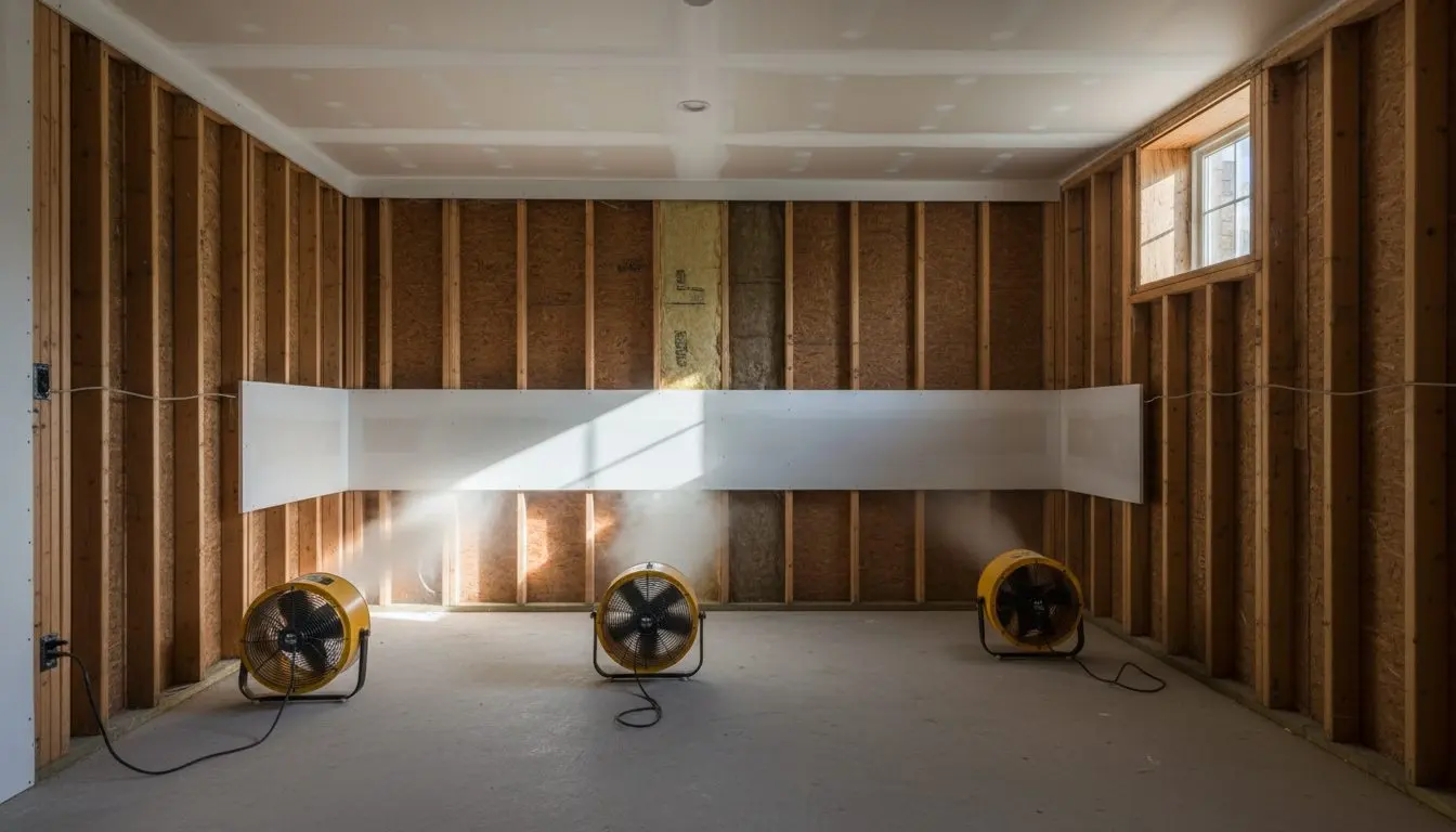 A basement room part way through a flood repair, board cut off in a clean line four feet up and the studs open below it, drying fans standing on the slab